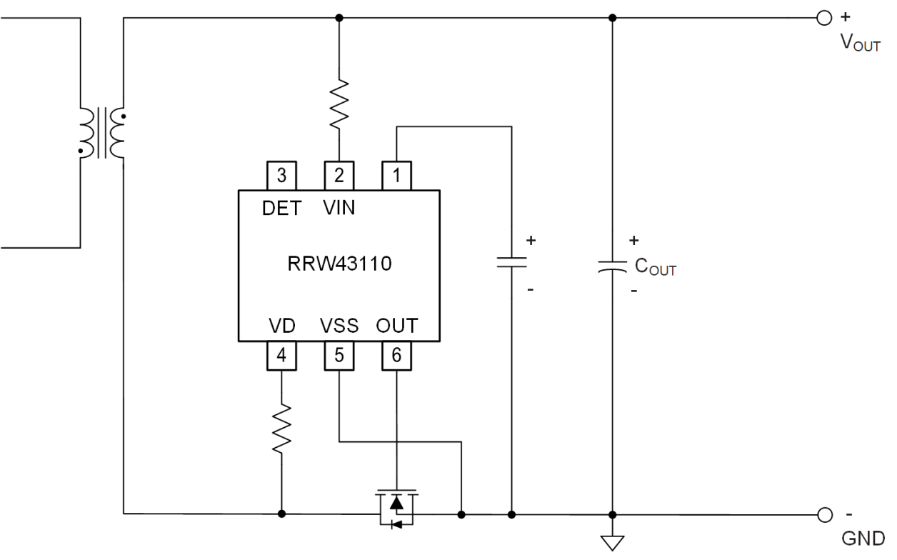 Diagram showing the RRW43110 configured as a low-side synchronous rectification power switch for VDS less than 145V. The circuit uses direct VIN LDO charging, illustrating the gate drive path, conduction direction, and SR control behavior.