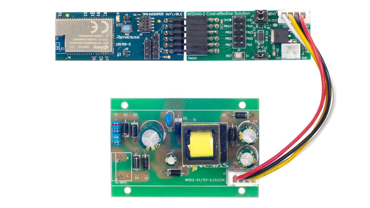 WS040‑ACDCWIFIEV1Z Connected Kit showing the AC/DC power board and Wi‑Fi module connected together, with visible connectors, test points, and labeled components arranged on two compact blue PCBs.