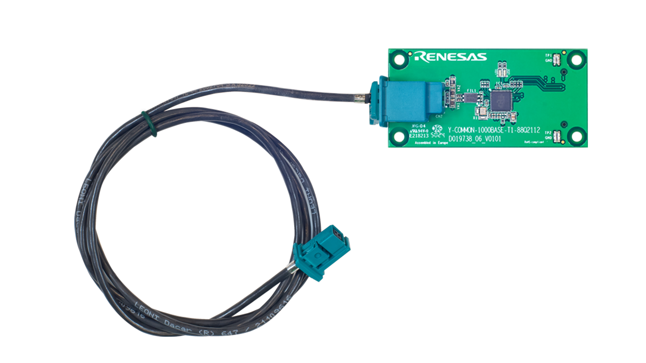 Y-COMMON-1000BASE-T1-88Q2112 Ethernet extension board connected to an automotive Ethernet cable and connector assembly.