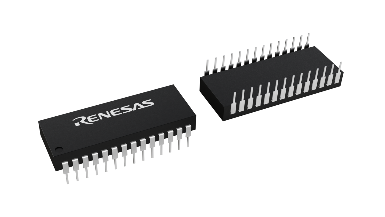3D illustration featuring top and bottom views of CERDIP IC chip package with 28 lead count