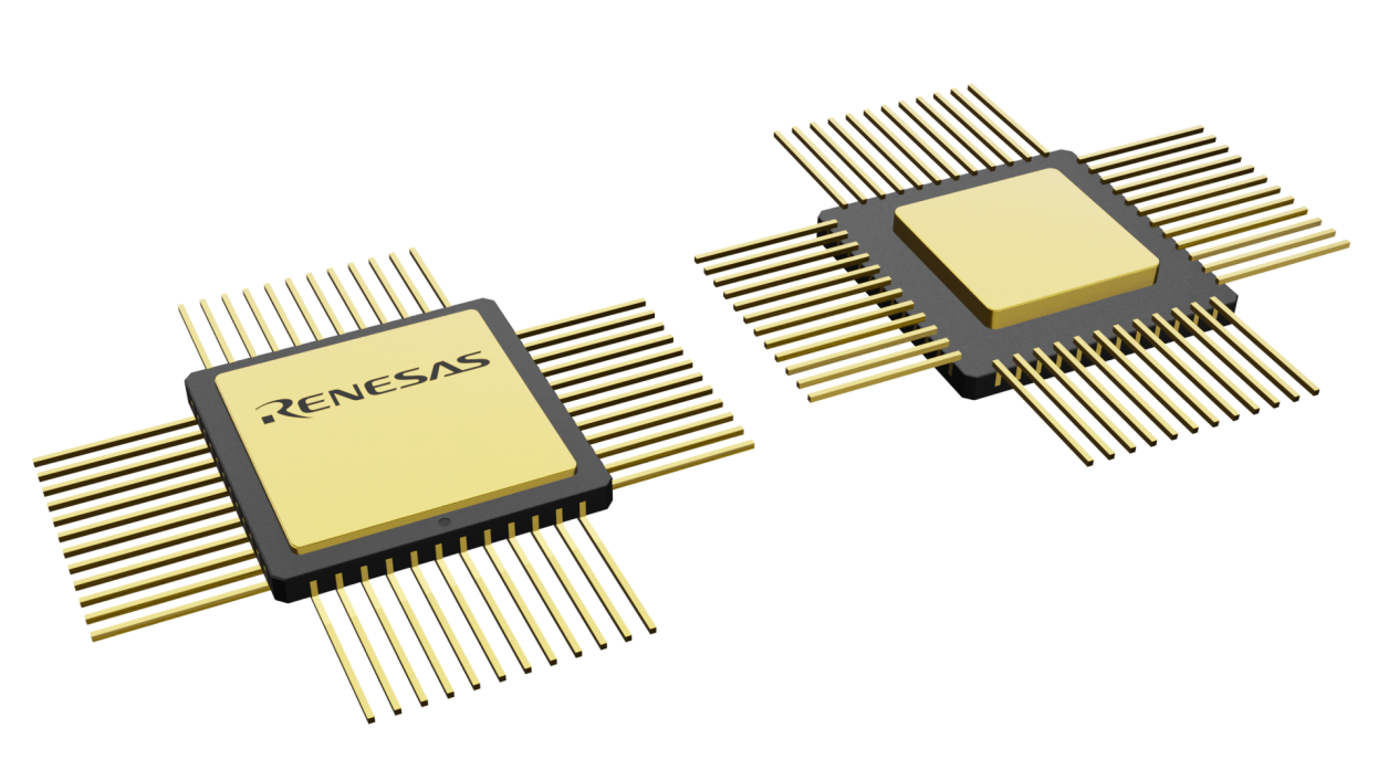 3D illustration featuring top and bottom views of CQFP IC chip package with 48 lead count.