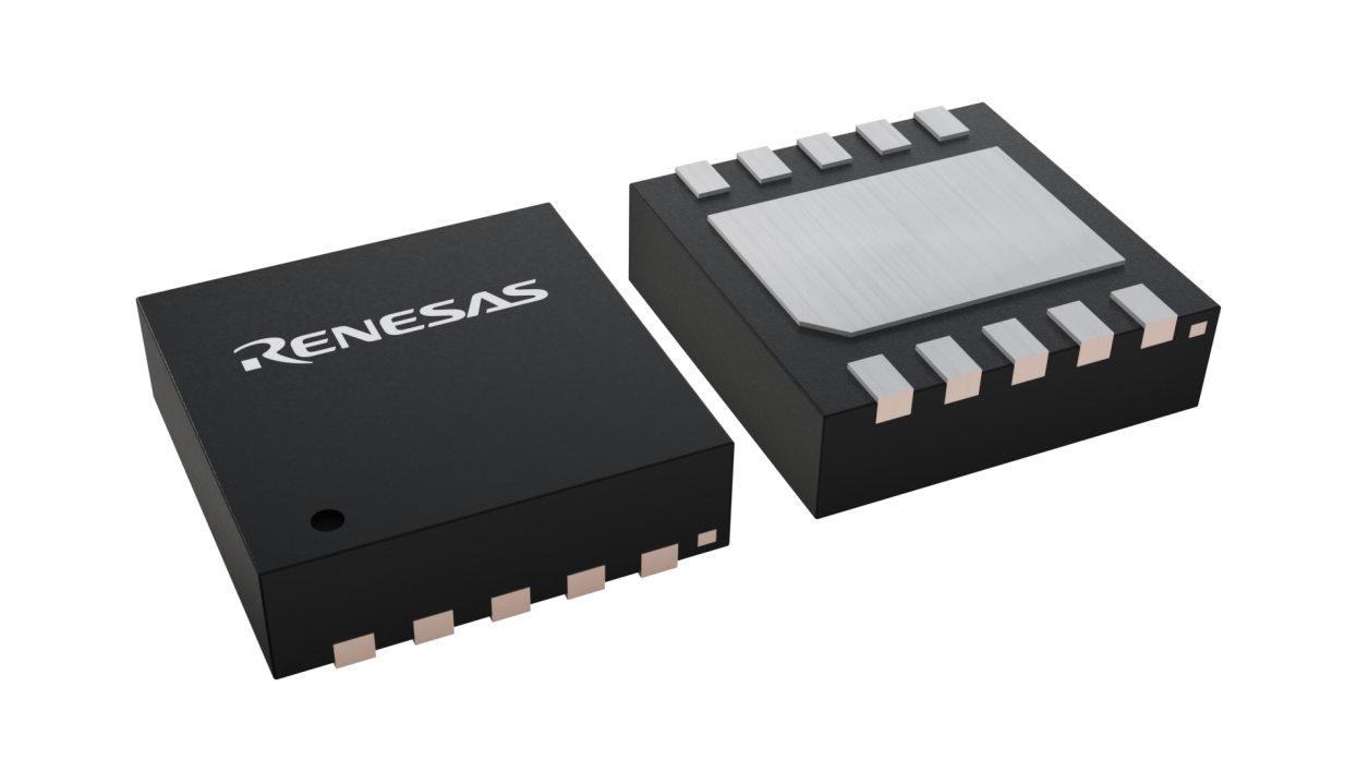 3D illustration featuring top and bottom views of DFN IC chip package with 10 lead count