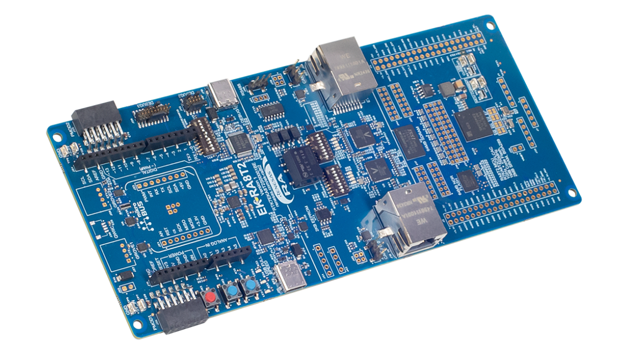 Angled view of EK-RA8T2 board.