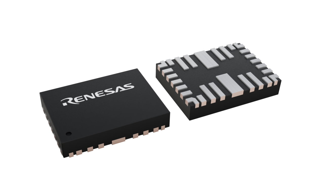 3D illustration featuring top and bottom views of FCQFN IC chip package with 28 lead count.