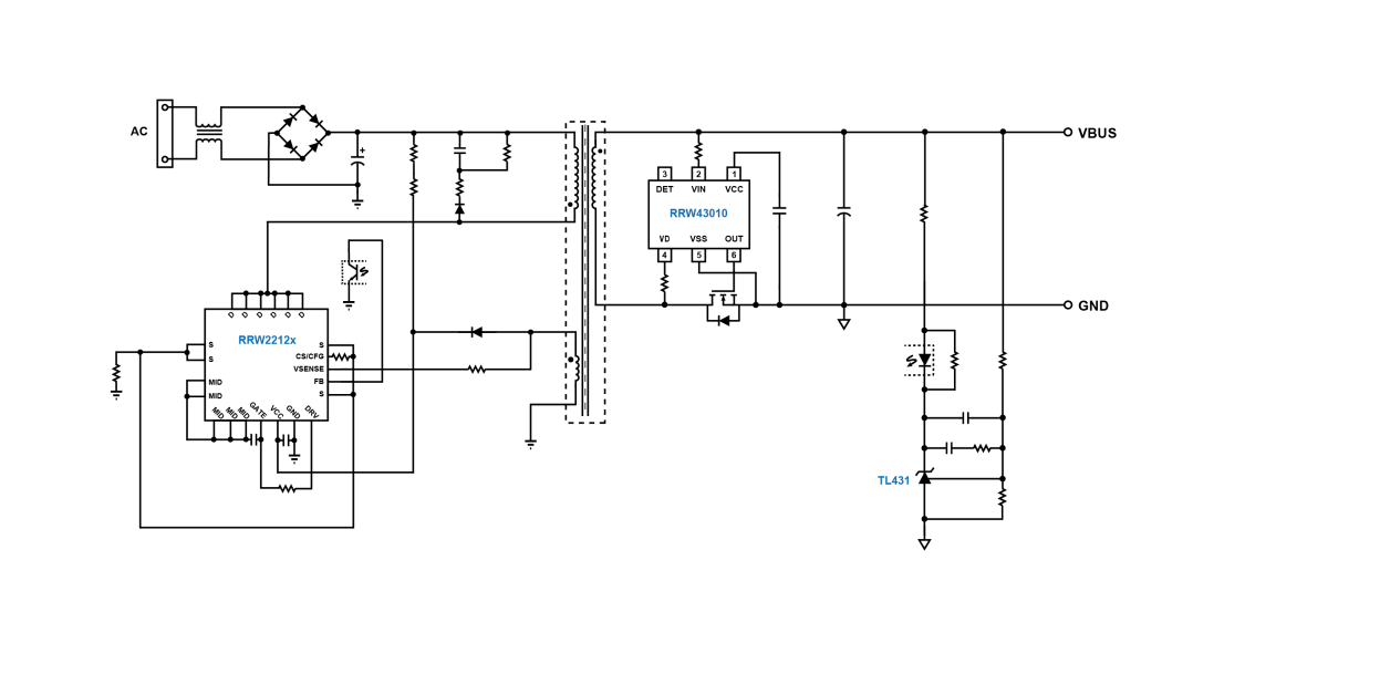 Typical RRW2212x application circuit using TL431 feedback and a bottom‑side synchronous rectifier driven by the RRW43010.