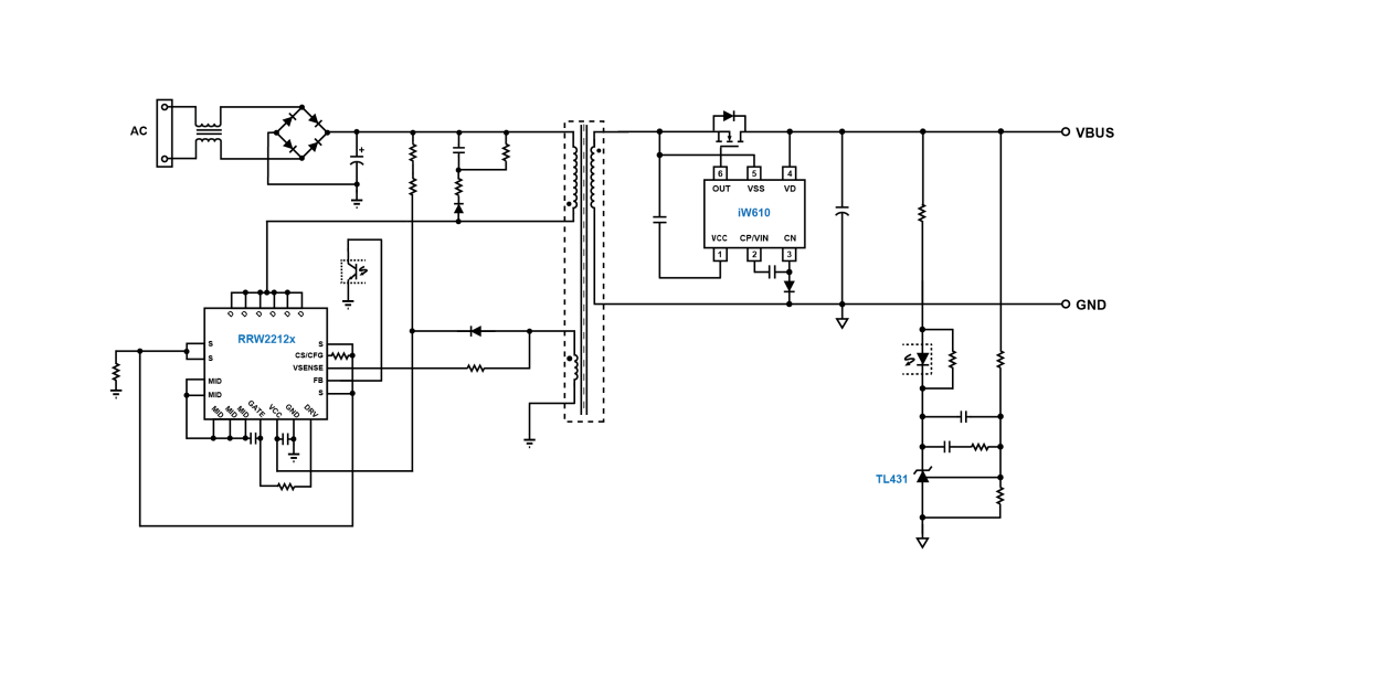 Typical RRW2212x application circuit using TL431 feedback and a top‑side synchronous rectifier driven by the iW610.