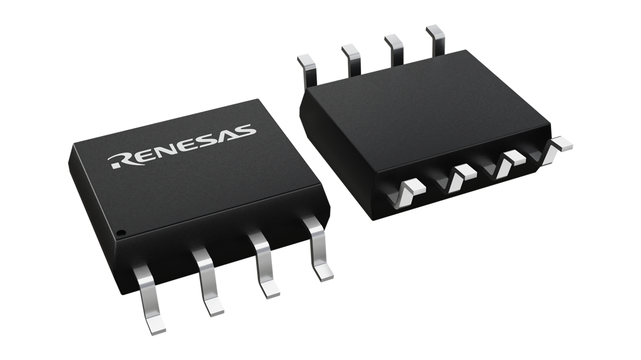 3D illustration featuring top and bottom views of SOIC chip package with 8 lead count.