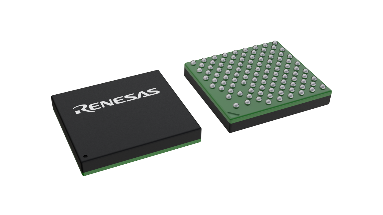 3D illustration featuring top and bottom views of VFBGA IC chip package with 104 lead count.