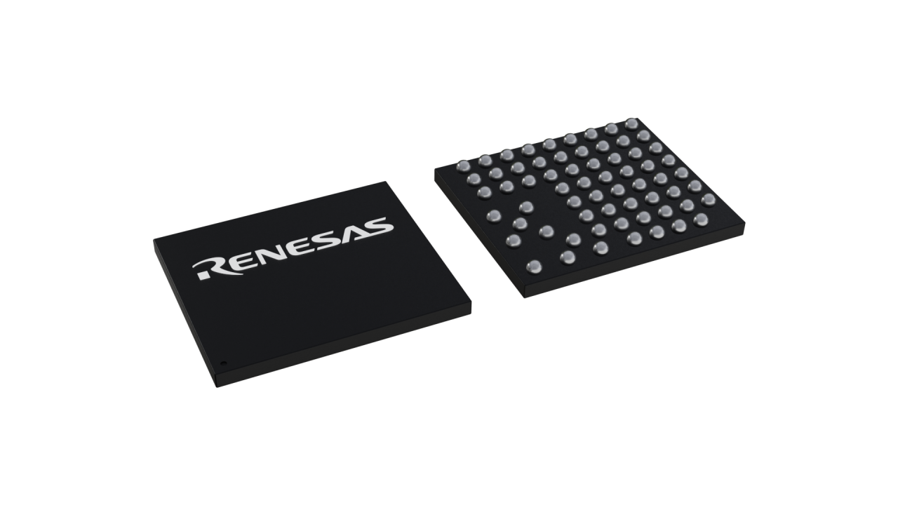 3D illustration featuring top and bottom views of WLCSP IC chip package with 64 lead count.