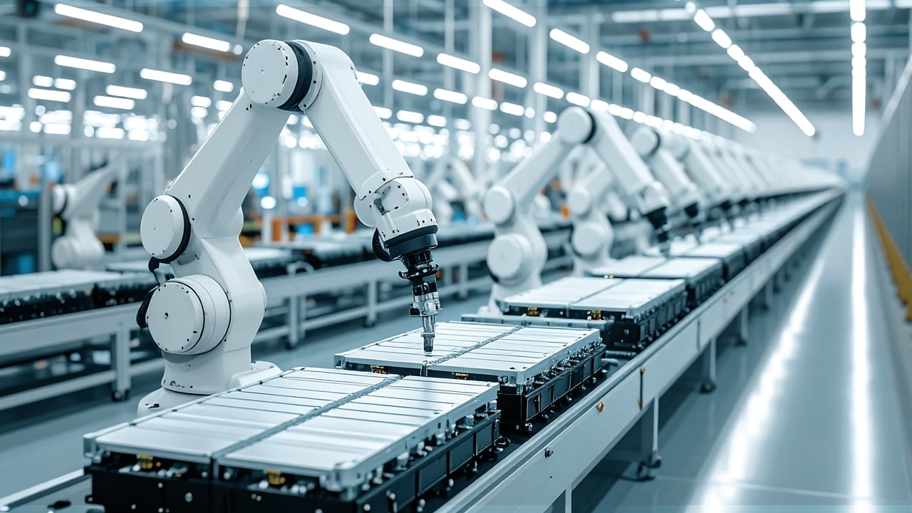 A modern factory floor with a row of white robotic arms working on a conveyor belt.