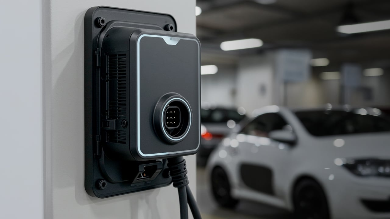 Automotive EV On-Board Charger (OBC) Automotive On-Board Charger (OBC) attached to an indoor garage wall with white electric car in the background.