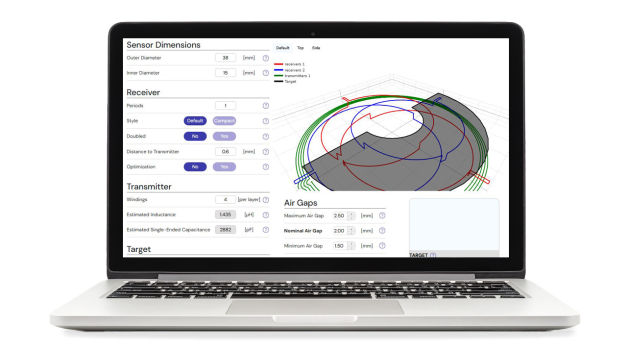 Inductive position coil optimizer tool on laptop screen.
