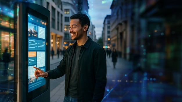 Person scrolling on outdoor electronic information board's touchscreen.