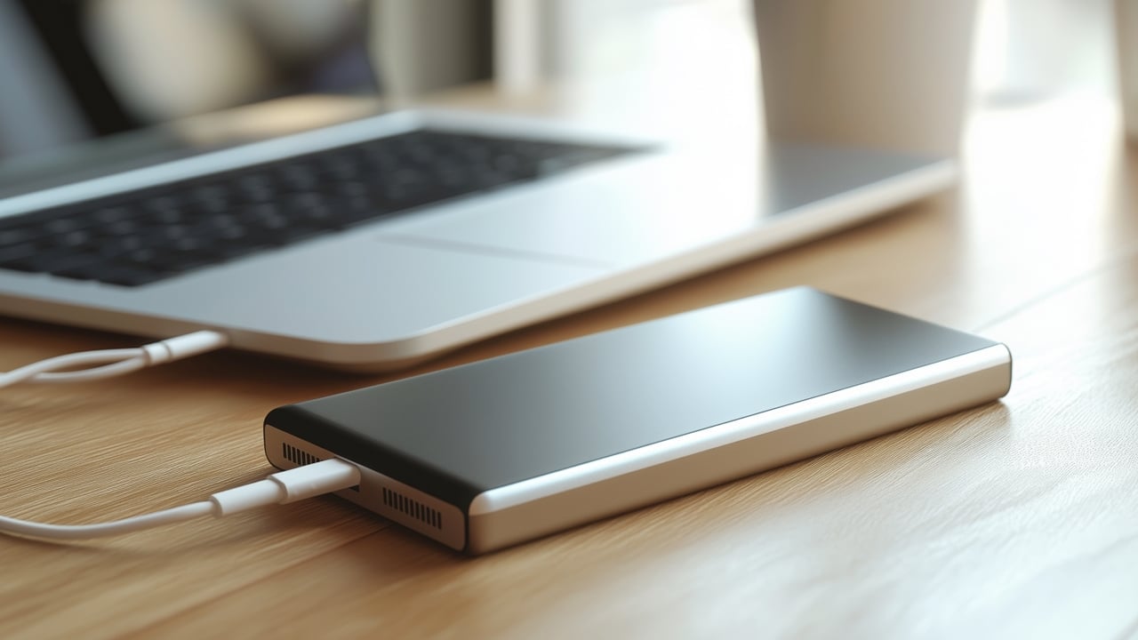 Portable Power Bank Connected to Laptop Portable power bank is connected to a laptop on the wooden desk.
