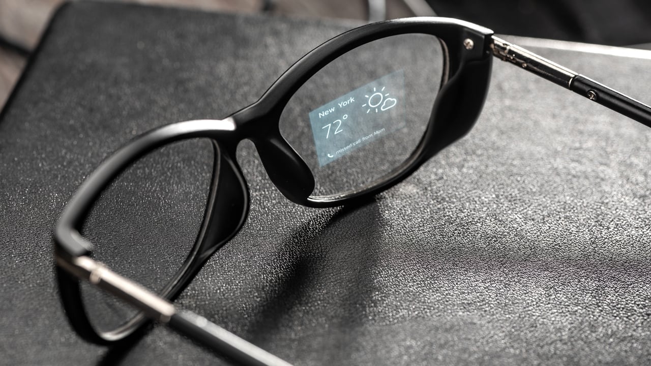 Smart Glasses Weather app projected onto a lens of smart glasses.