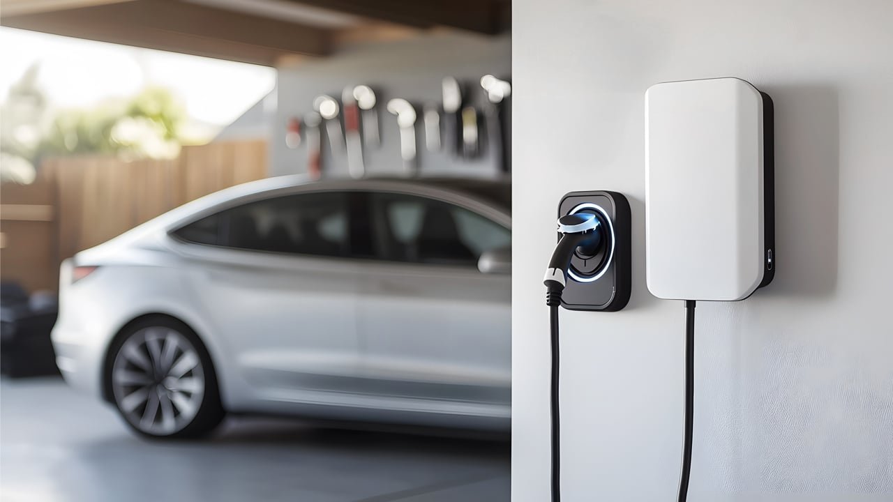 EV charger installed on garage wall and electric car in the background