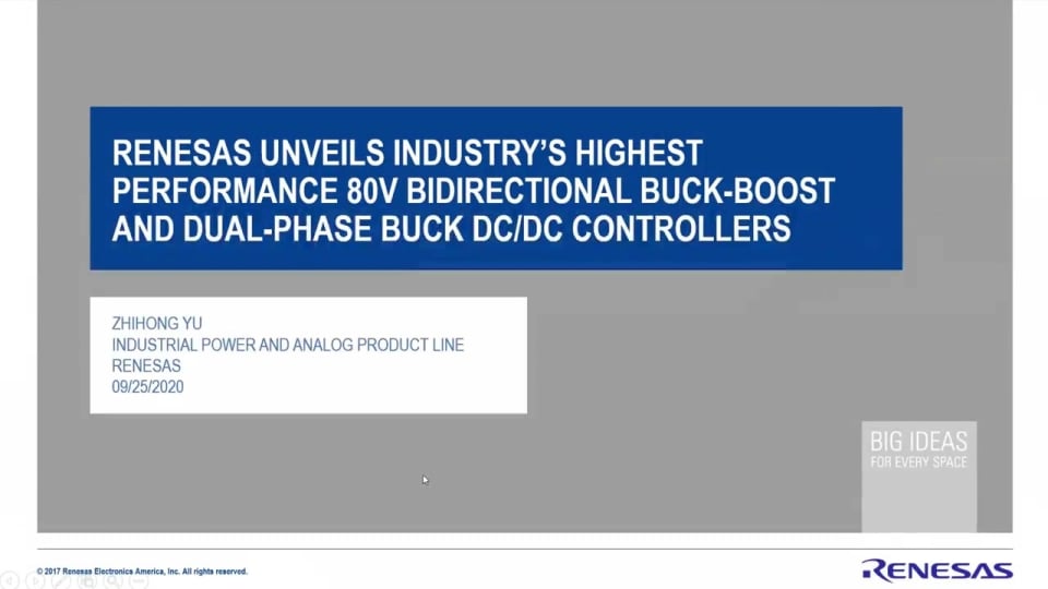 Renesas Unveils Industry’s Highest Performance 80V Bidirectional Buck-Boost and Dual-Phase Buck DC-DC Controllers